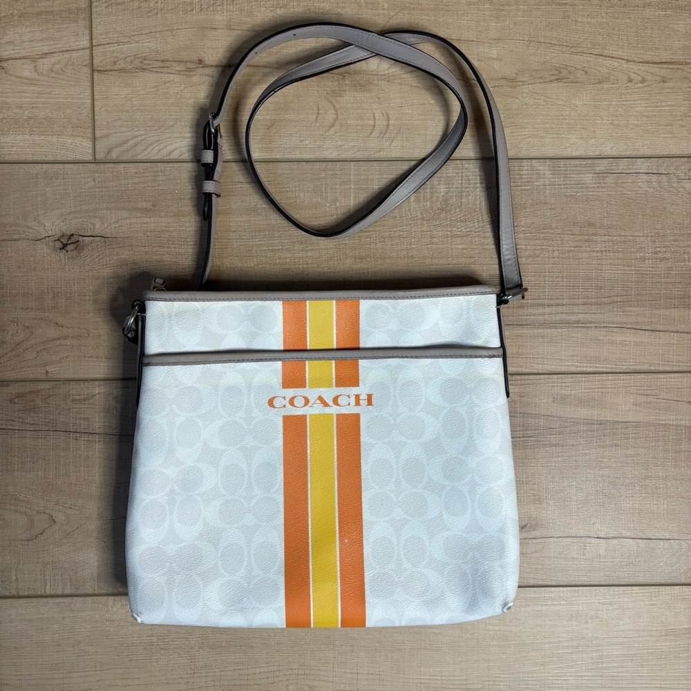 Coach Varsity Stripe Signature Canvas Crossbody Bag W/ Zip Closure & Adjustable